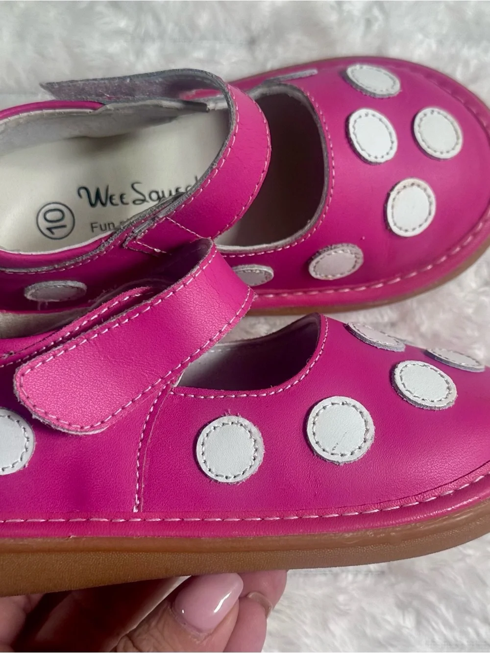 Wee Squeak Pink Girls' Mary Jane Shoes White polka dots, Squeekers work Sz 10.